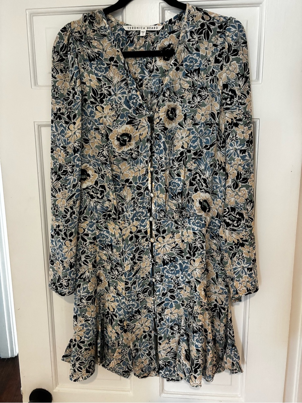 Veronica Beard Teal Floral Long-Sleeve Dress with Cream & Black